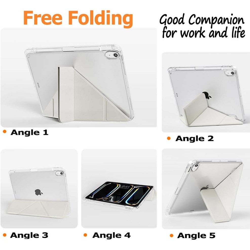 Husa tableta ultra-subtire pentru iPad 11 inch, cu slot pentru stilou, functie de trezire/hibernare automata, suport cu unghiuri multiple, culoare crem, include stylus.