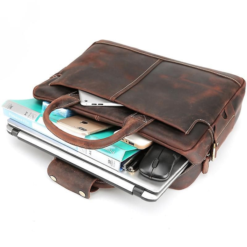 Servieta pentru laptop din piele full-grain, rezistenta la apa, compartiment 15.6 inch, fermoar YKK, curea detasabila, k0441-0721-QHeamg211568, maro, 42 x 31 x 10 cm