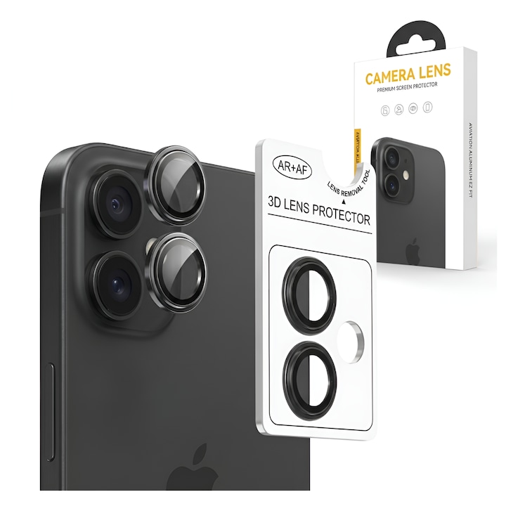 Folie Camera Tradebit pentru iPhone 17, sticla securizata lentila obiectiv, aplicator inclus, negru