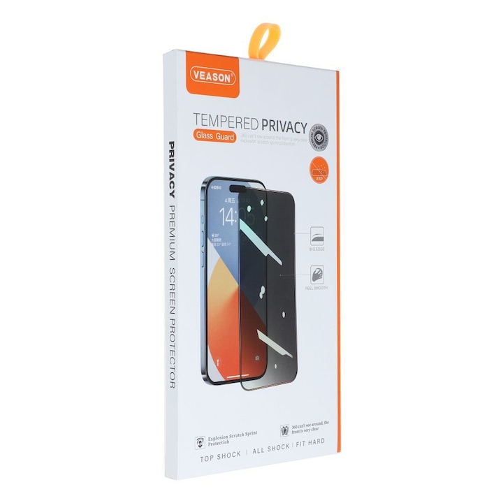 Folie Sticla Securizata Veason 6D Pro Privacy Glass pentru iPhone 14 Pro, Full Glue, Full Screen, Duritate 9H, Margini rotunjite, Privacy