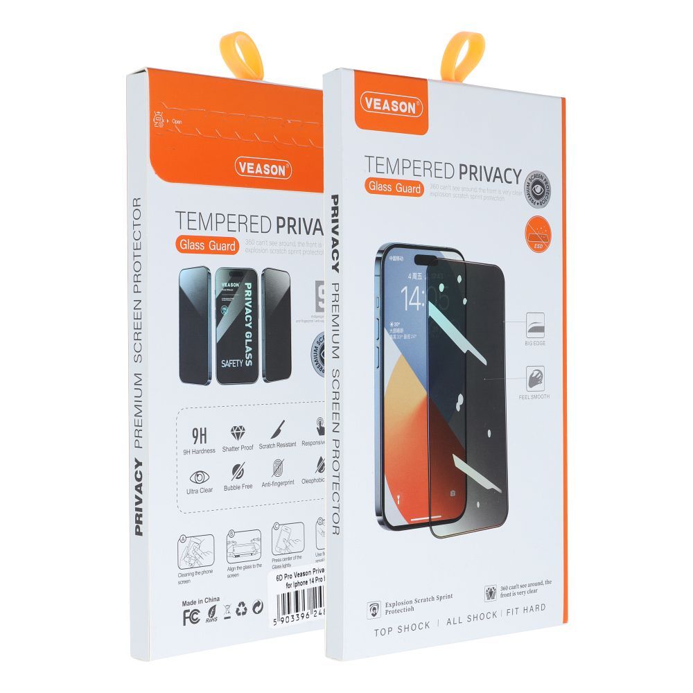 Folie Sticla Securizata Veason 6D Pro Privacy Glass pentru iPhone 14 Pro, Full Glue, Full Screen, Duritate 9H, Margini rotunjite, Privacy