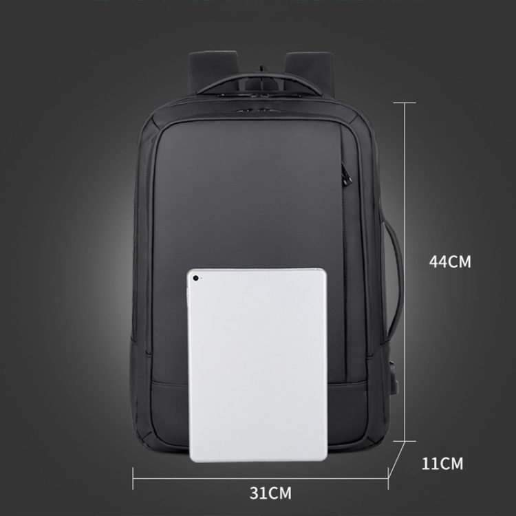 Rucsac din film, rezistent la apa cu port USB lateral, extensibil +5 cm, compartiment pentru laptop 16 inch, buzunar trolley, negru, 44 x 31 x 11-16 cm