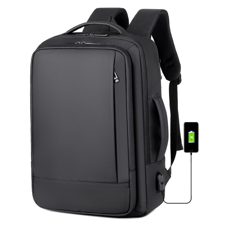 Rucsac din film, rezistent la apa cu port USB lateral, extensibil +5 cm, compartiment pentru laptop 16 inch, buzunar trolley, negru, 44 x 31 x 11-16 cm