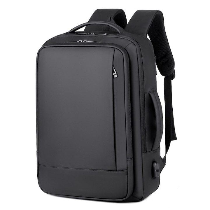 Rucsac din film, rezistent la apa cu port USB lateral, extensibil +5 cm, compartiment pentru laptop 16 inch, buzunar trolley, negru, 44 x 31 x 11-16 cm