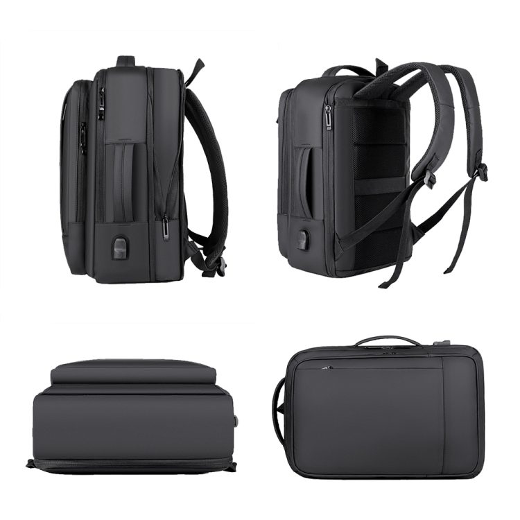 Rucsac din film, rezistent la apa cu port USB lateral, extensibil +5 cm, compartiment pentru laptop 16 inch, buzunar trolley, negru, 44 x 31 x 11-16 cm