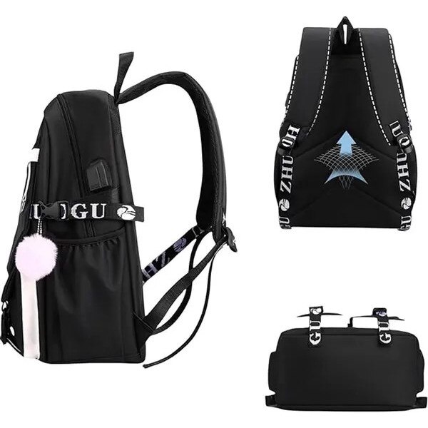 Rucsac pentru laptop din nylon cu port USB, compartimente multiple, compartiment 15,6 inch, decoratiune plus detasabila, negru/alb, 29 x 44 x 15 cm