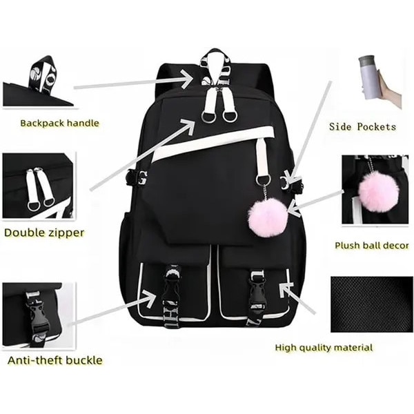 Rucsac pentru laptop din nylon cu port USB, compartimente multiple, compartiment 15,6 inch, decoratiune plus detasabila, negru/alb, 29 x 44 x 15 cm