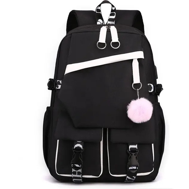 Rucsac pentru laptop din nylon cu port USB, compartimente multiple, compartiment 15,6 inch, decoratiune plus detasabila, negru/alb, 29 x 44 x 15 cm