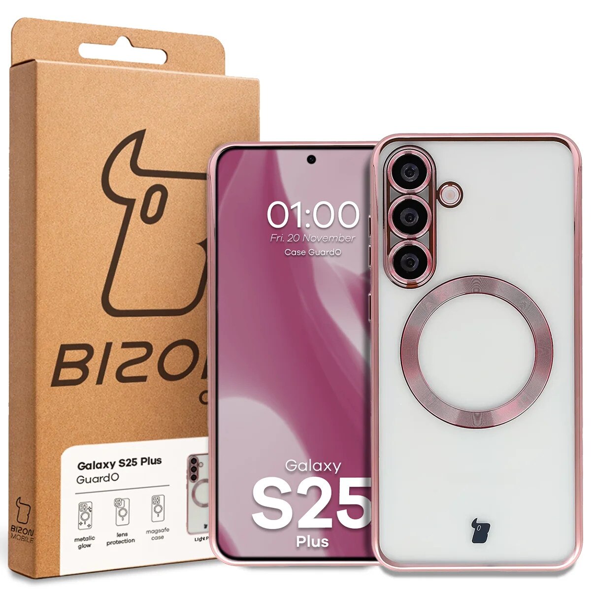 Husa cu protectie pentru camera pentru Magsafe Bizon Case GuardO pentru Galaxy S25 Plus, Roz-transparent