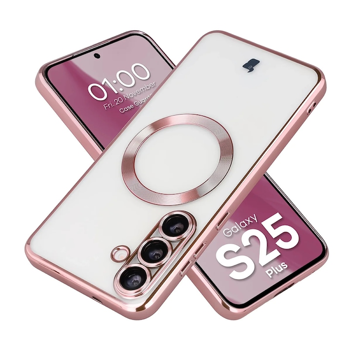 Husa cu protectie pentru camera pentru Magsafe Bizon Case GuardO pentru Galaxy S25 Plus, Roz-transparent