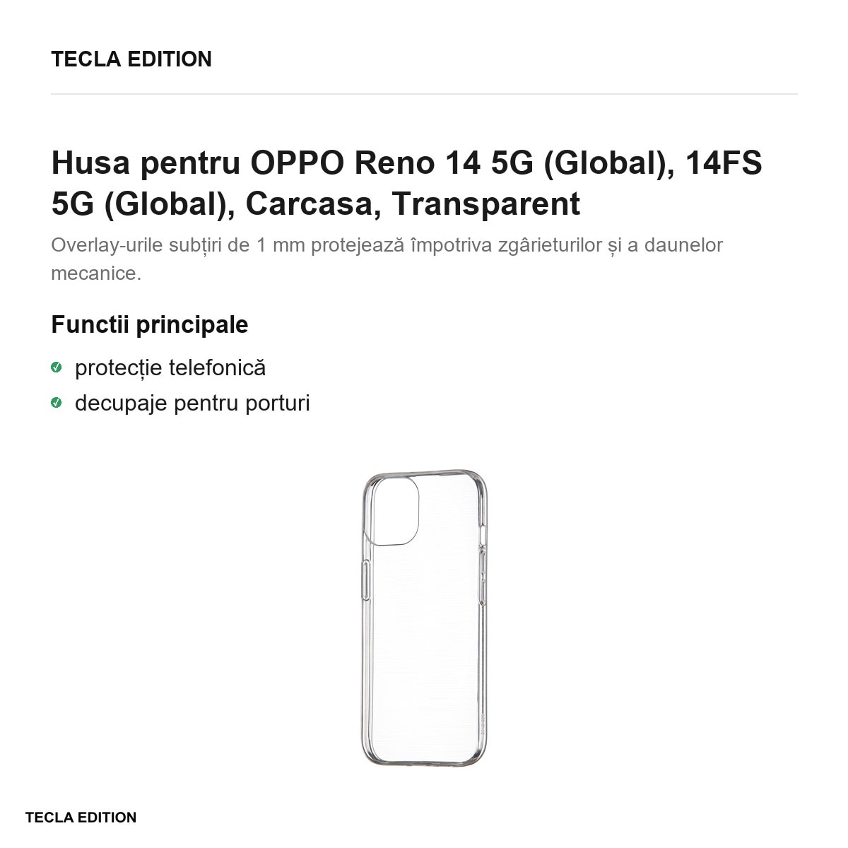 Husa Slim 1 mm pentru OPPO Reno 14 5G (Global), 14FS 5G (Global), Carcasa, Transparent