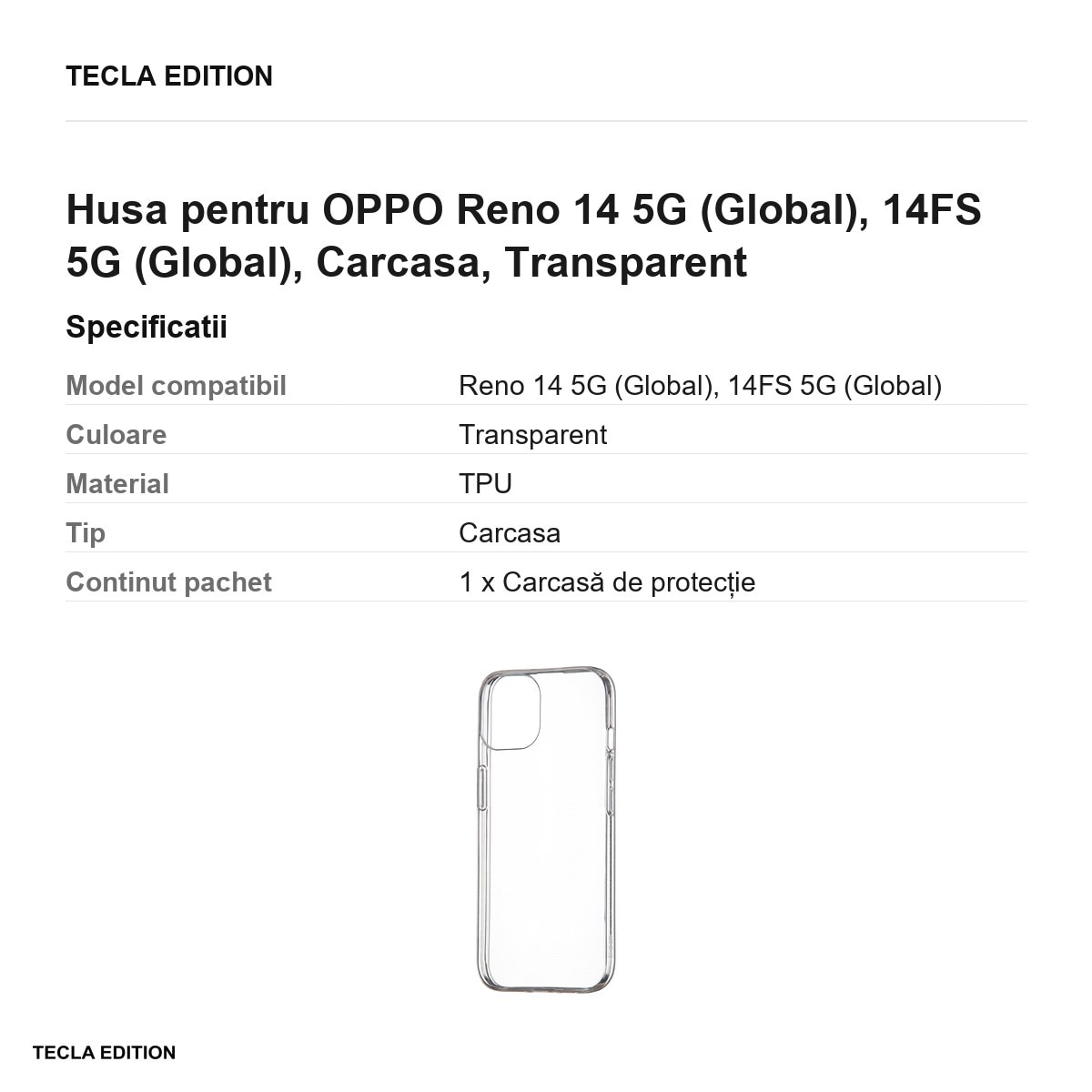 Husa Slim 1 mm pentru OPPO Reno 14 5G (Global), 14FS 5G (Global), Carcasa, Transparent
