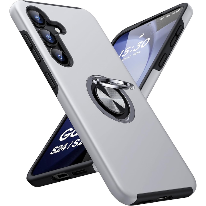 Husa de protectie pentru Samsung Galaxy S25 Plus, Hybrid Antisoc, Kickstand, Bumper inel rotativ 360, Silver