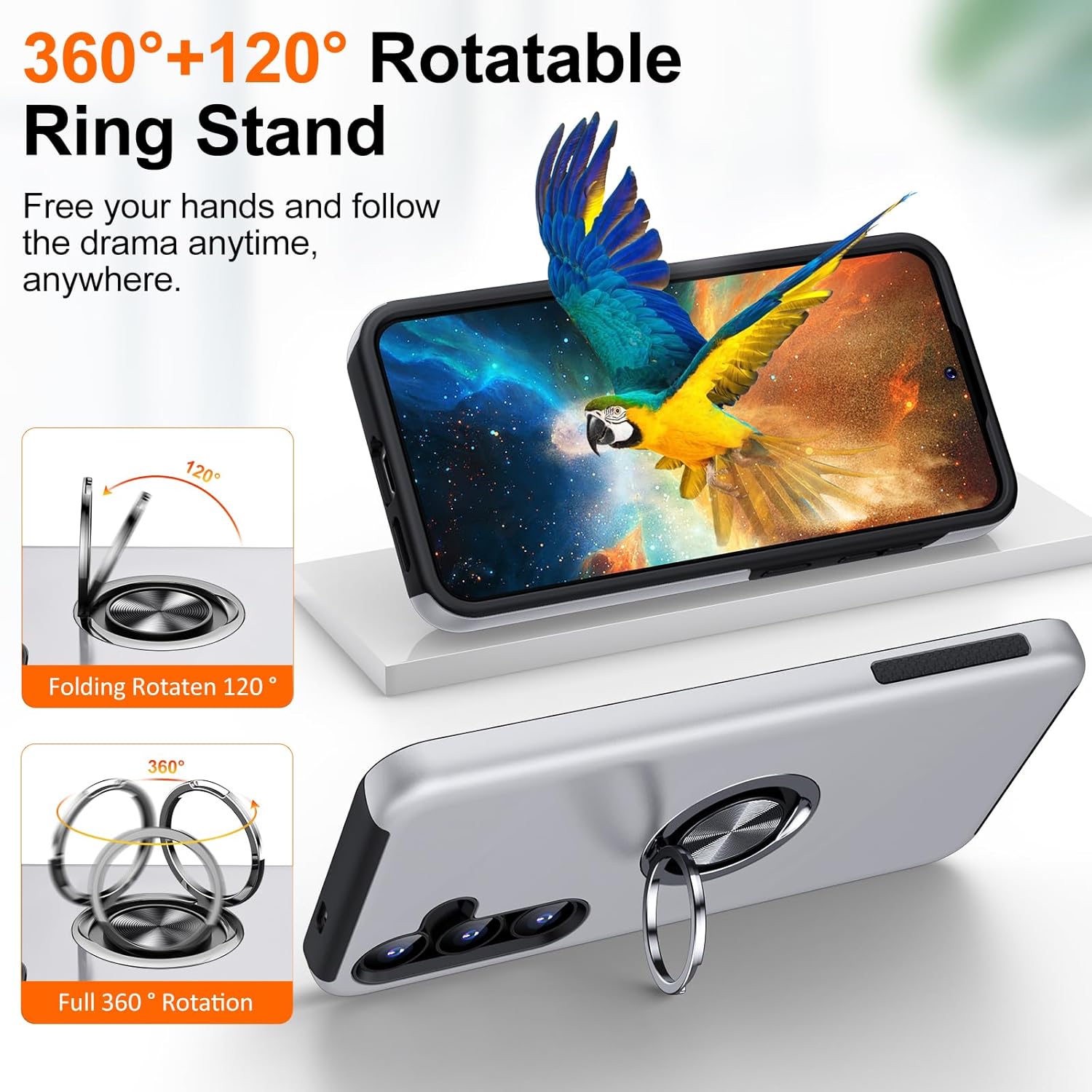 Husa de protectie pentru Samsung Galaxy S25 Plus, Hybrid Antisoc, Kickstand, Bumper inel rotativ 360, Silver
