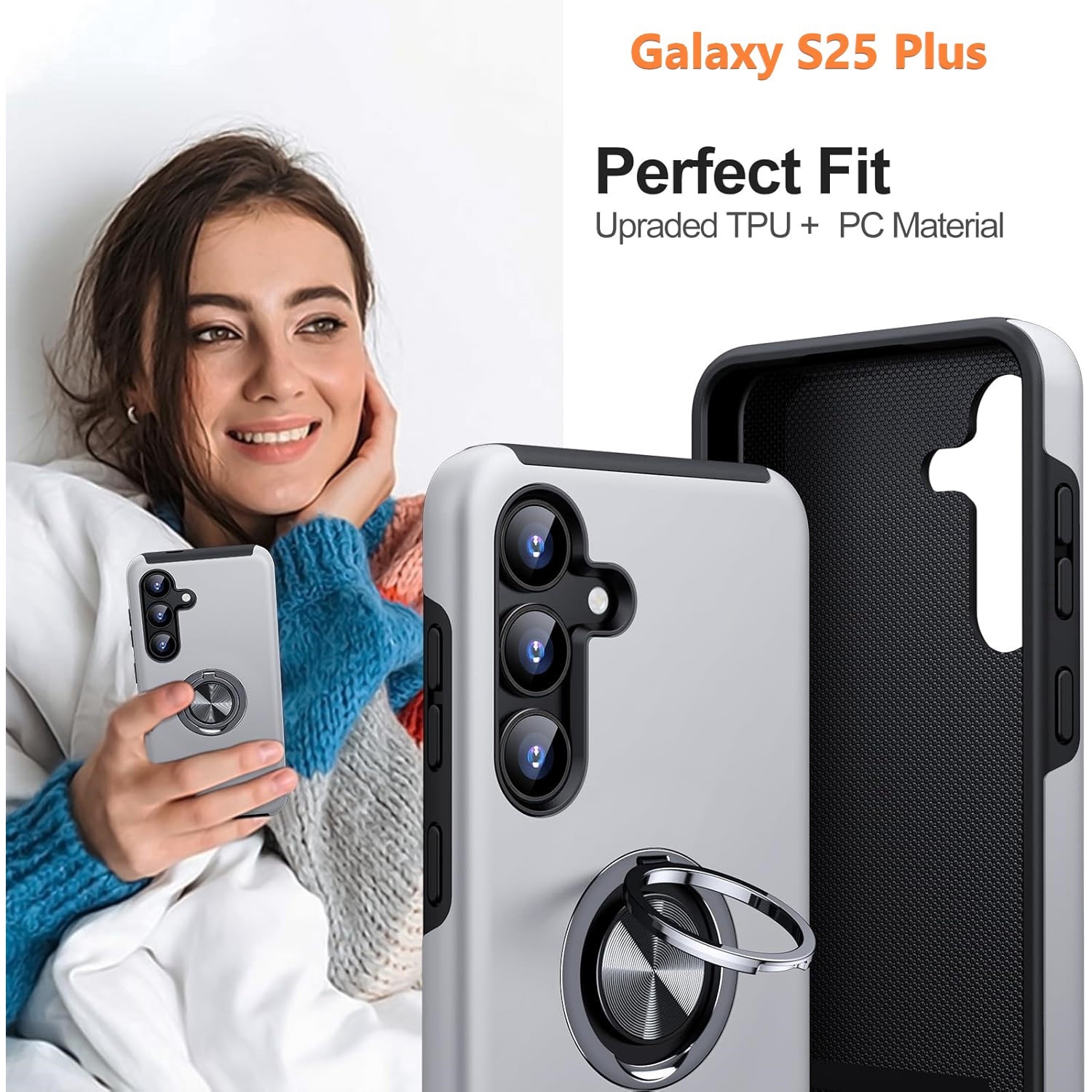 Husa de protectie pentru Samsung Galaxy S25 Plus, Hybrid Antisoc, Kickstand, Bumper inel rotativ 360, Silver