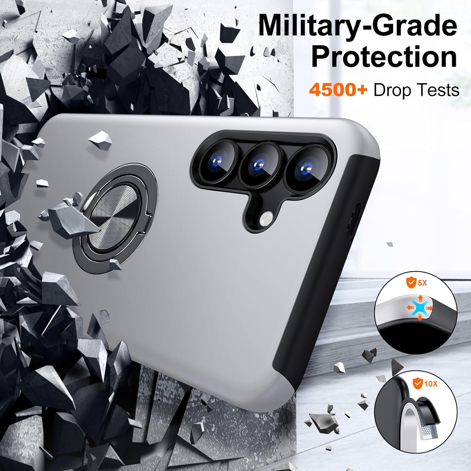 Husa de protectie pentru Samsung Galaxy S25 Plus, Hybrid Antisoc, Kickstand, Bumper inel rotativ 360, Silver