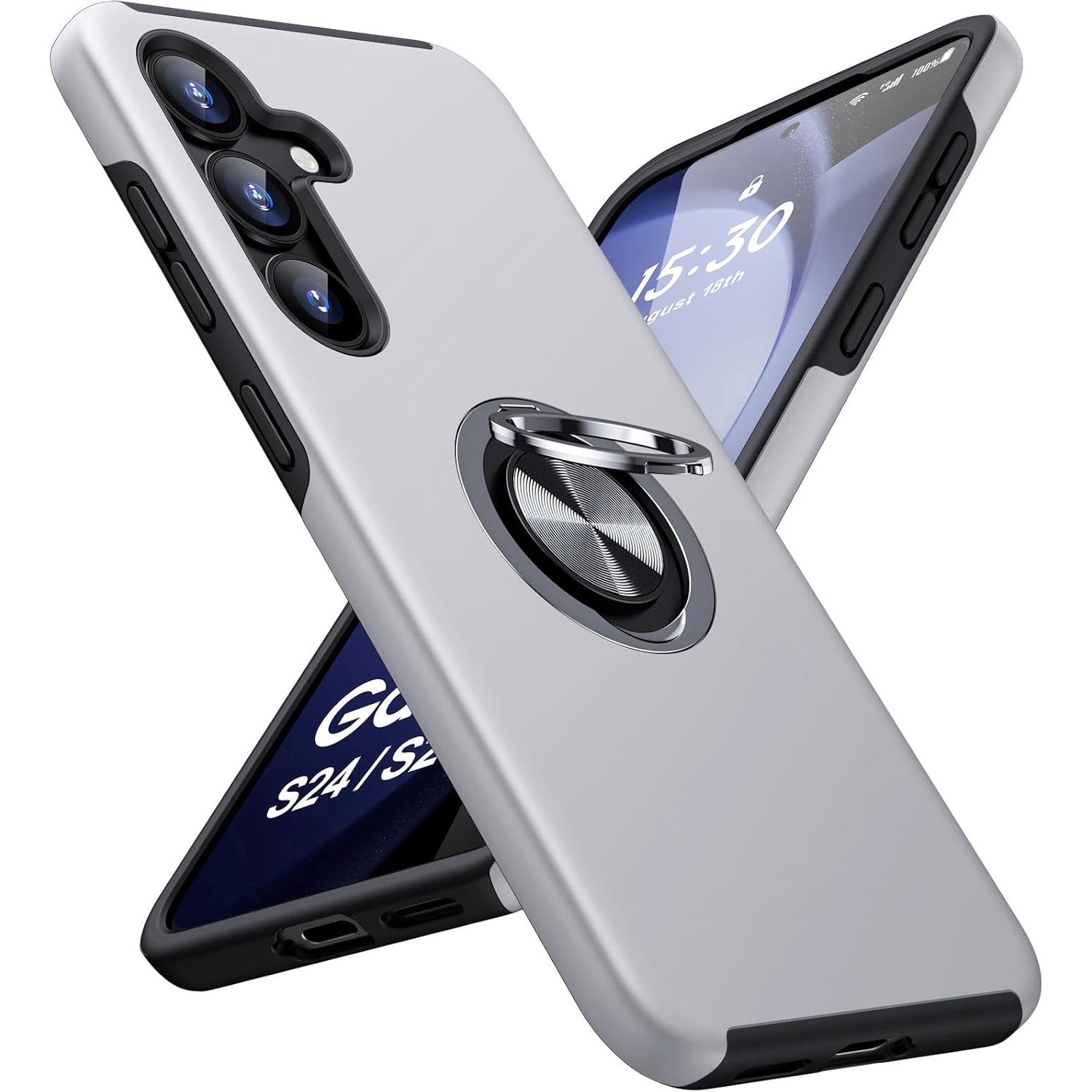 Husa de protectie pentru Samsung Galaxy S25 Plus, Hybrid Antisoc, Kickstand, Bumper inel rotativ 360, Silver