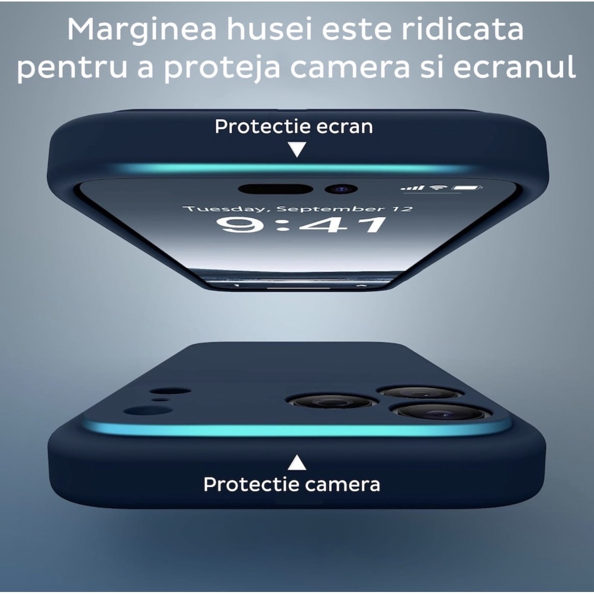 Husa Compatibila Iphone 17 Liquid Silicon Soft cu interior Textil. Albastru