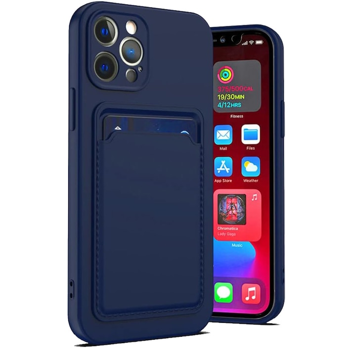 Husa pentru Apple iPhone 13 Pro SlimCard Wallet Cover, Suport Carduri, Silicon Flexibil, Finisaj Neted, Anti-Alunecare, Usor de Montat, Acopera Complet, Anti-Zgarieturi, Accesoriu Esential, Potrivit pentru Cardul de Transport /Legitimatie, Albastru Inchis