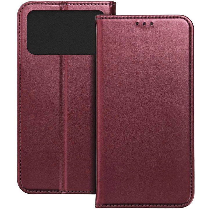 Husa pentru Honor 600, Piele ecologica, Premium PU Leather Book, Buzunar card, Inchidere magnetica, Functie stand / suport, Decupaj difuzor apeluri, Acoperire completa 360 de grade, Protectie fata-spate, Tip carte, Visiniu
