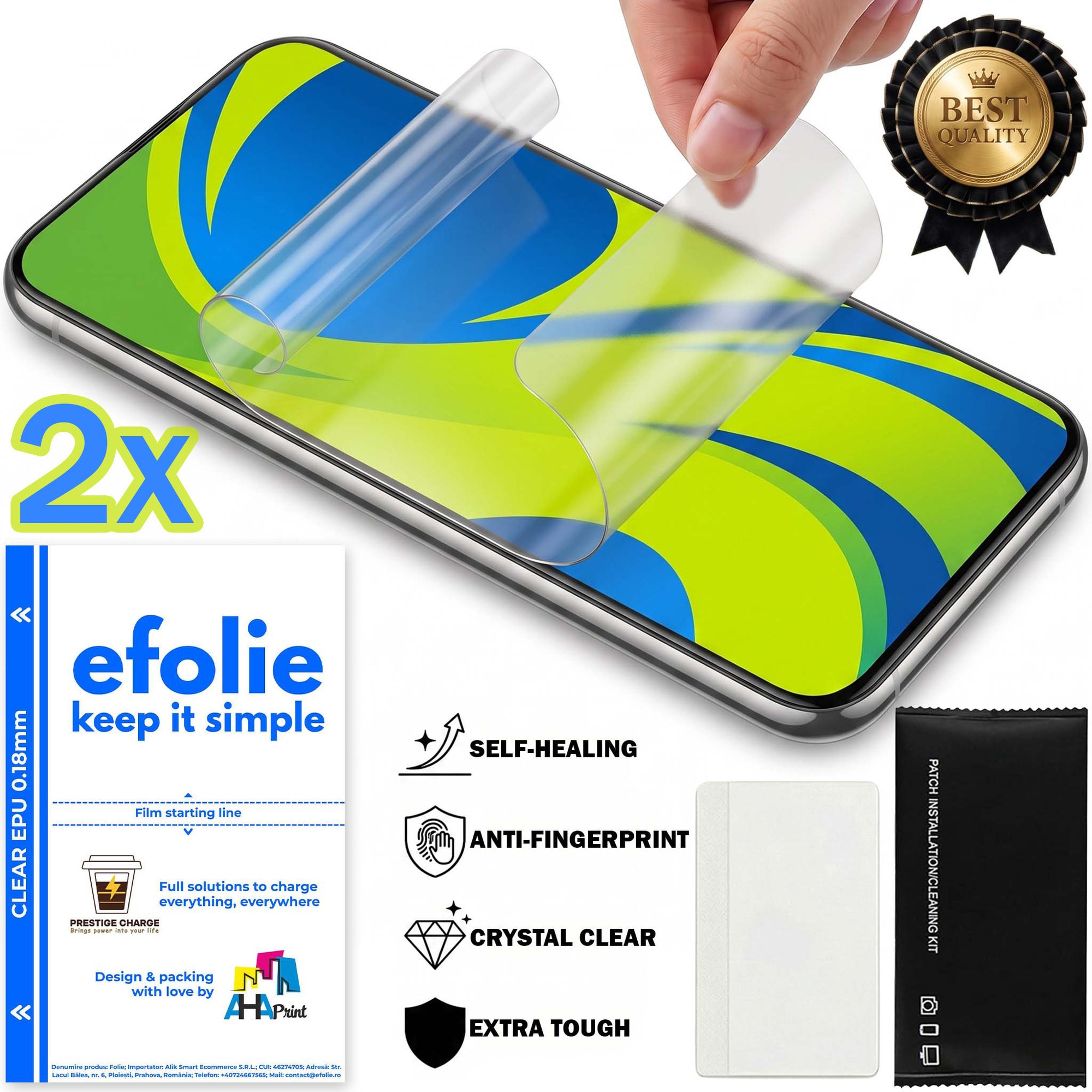 Set 2x Folie de Protectie Fata Premium, efolie®, pentru Samsung Galaxy S26+, Transparenta, Silicon EPU 0.18mm, Auto-Regenerare, Anti-Amprenta, Strat Oleofob, Claritate HD, Protectie la Socuri si Zgarieturi, Montaj Usor Rapid, Inclus Kit Instalare
