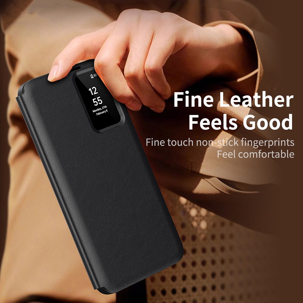 Husa pentru Samsung Galaxy S23 FE tip carte, Skyddar, cu portofel si SmartView, Premium, set cu sticker, Negru