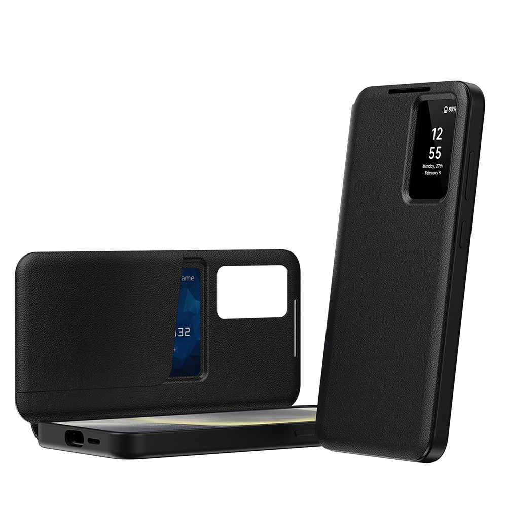 Husa pentru Samsung Galaxy S23 FE tip carte, Skyddar, cu portofel si SmartView, Premium, set cu sticker, Negru