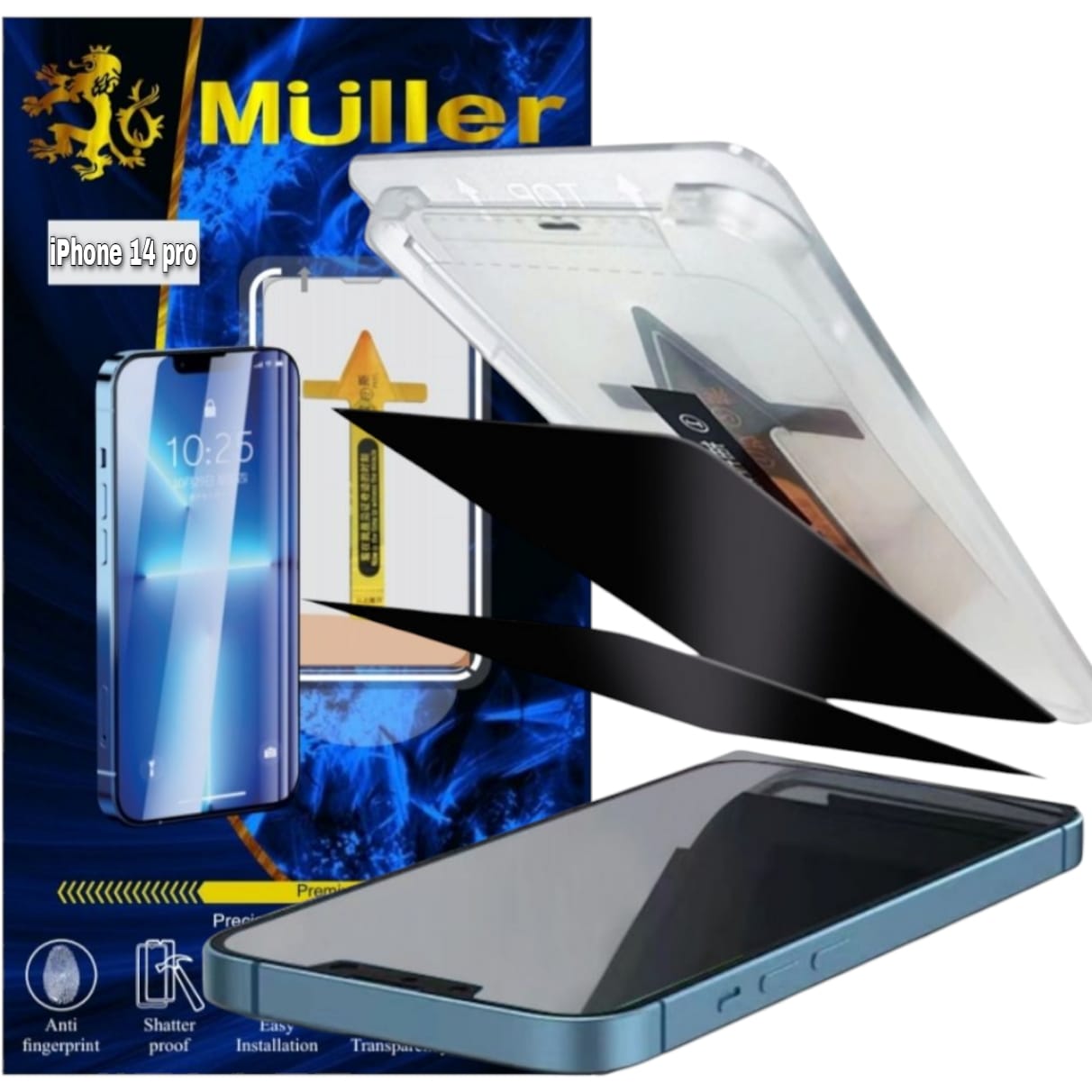 Folie de Protectie Privacy Müller® Premium pentru iPhone 14Pro, cu Kit de Aplicare Instanta si Functie Automata de Indepartare a Prafului, din Sticla Securizata 9H+, Ultra Claritate Super HD, Tratament Electronic Oleofobic si Anti Amprente