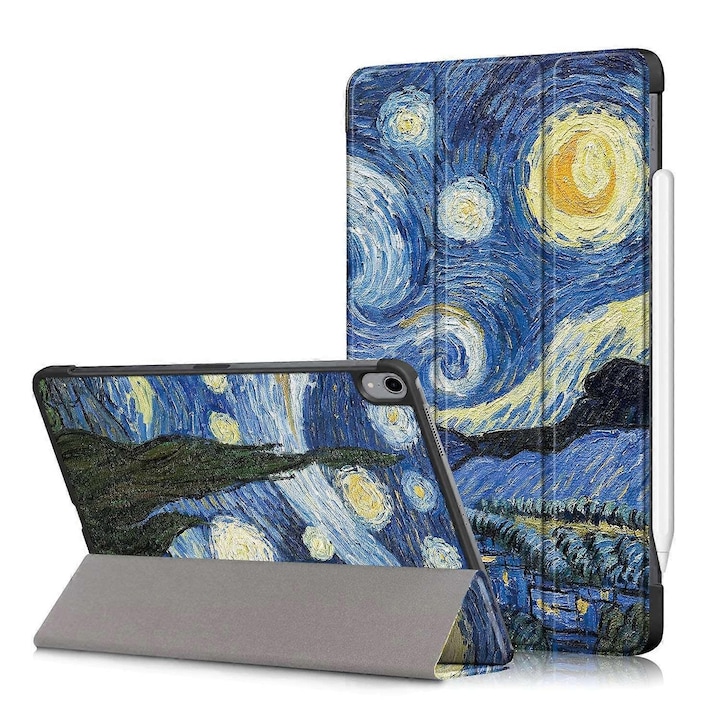 Husa tableta tri-fold din piele PU cu model Van Gogh Starry Night, multicolor, pentru iPad Air 11 (2020, 2022, 2024, 2025)