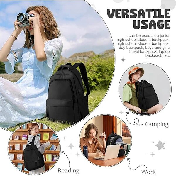 Rucsac/ghiozdan pentru laptop din nylon, cu multiple buzunare si compartiment pentru tableta, bretele captusite si rezistent la apa, Model A2, Negru, 14 inch