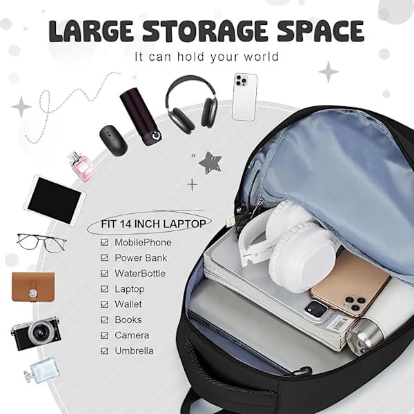 Rucsac/ghiozdan pentru laptop din nylon, cu multiple buzunare si compartiment pentru tableta, bretele captusite si rezistent la apa, Model A2, Negru, 14 inch