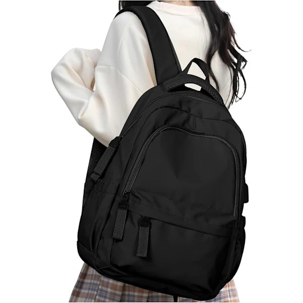 Rucsac/ghiozdan pentru laptop din nylon, cu multiple buzunare si compartiment pentru tableta, bretele captusite si rezistent la apa, Model A2, Negru, 14 inch