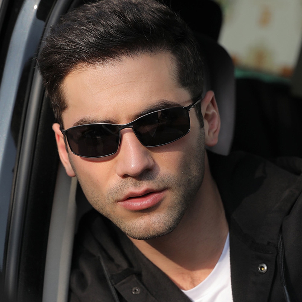 Sunglasses Polarized (559) - for Men, with UV Protection and Metal Frame, Rectangular - Black