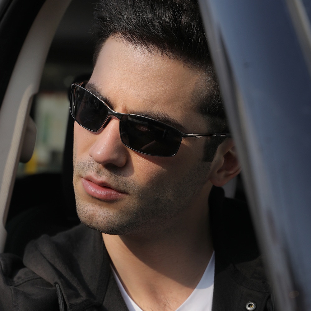 Sunglasses Polarized (559) - for Men, with UV Protection and Metal Frame, Rectangular - Black