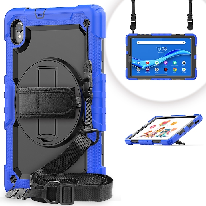 Husa tableta pentru Lenovo Tab M10 HD TB-X306X, silicon + PC, rezistenta la socuri, design colorat, cu suport si bretea de umar si mana, Albastru