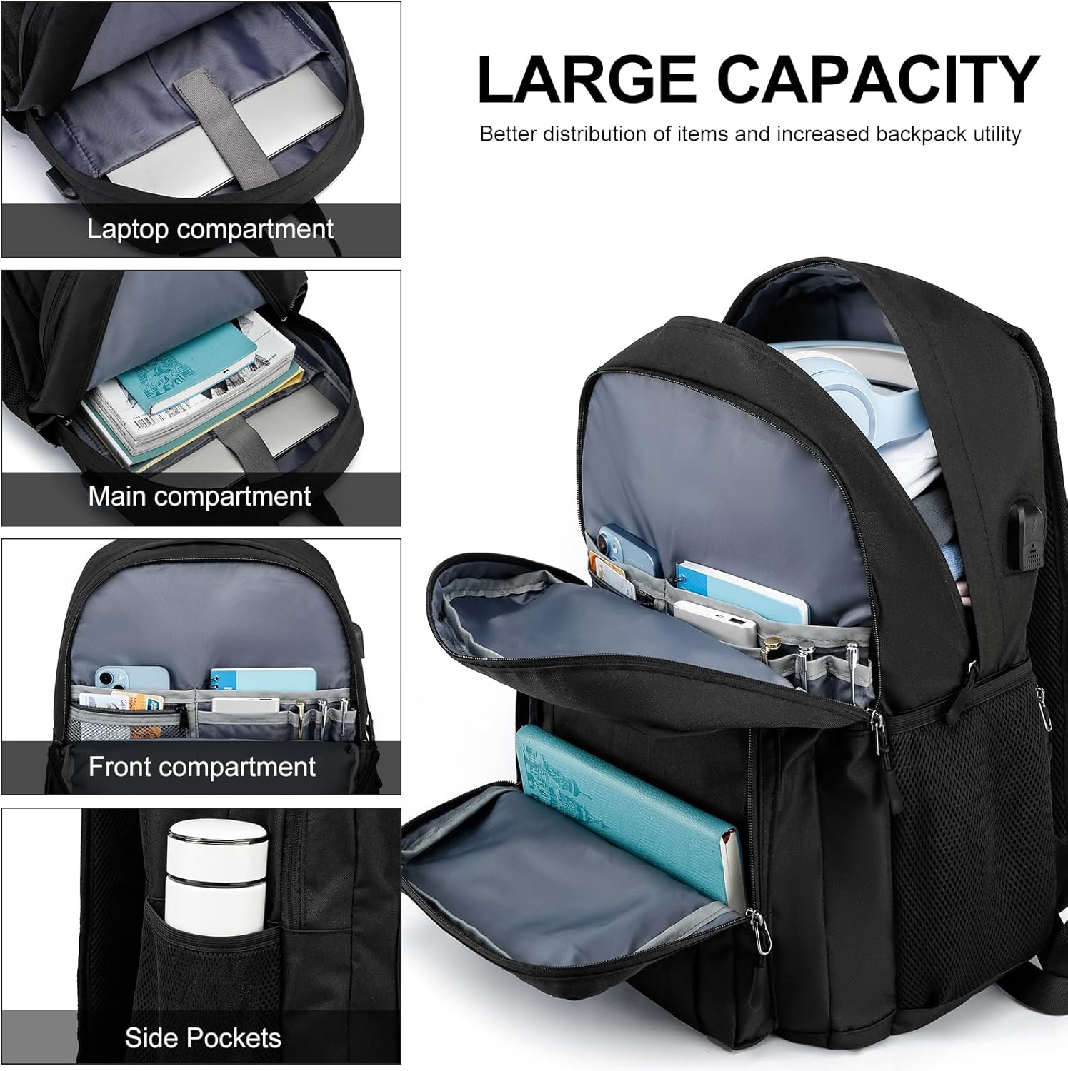 Rucsac Laptop Barbati 15.6" Negru, Impermeabil, cu Port USB
