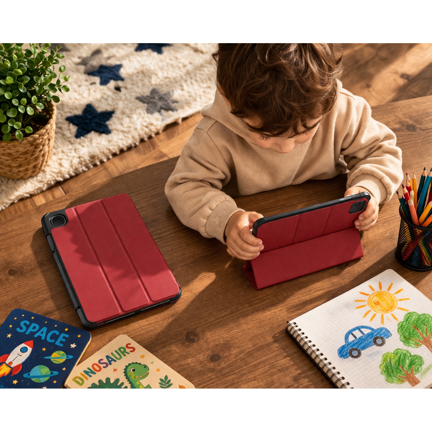 Husa tableta StandPro pentru Apple iPad Air 13 (2024) / Air 13 (2025) / Air 13 (2026), Protectie 360°, Carcasa Rigida, Piele ECO, Anti-soc si Anti-zgarieturi, Rosu