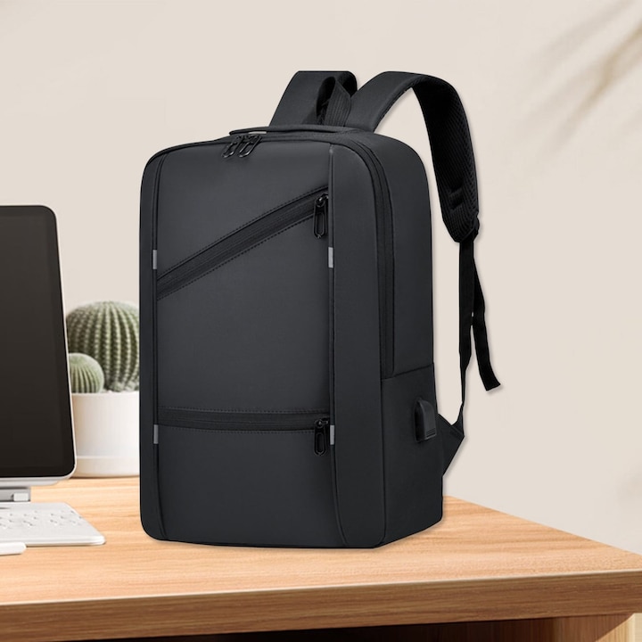 Rucsac laptop din Oxford, extensibil, aprobat pentru bagaj de mana, port USB pentru incarcare, rezistent la apa, compartiment laptop 16 inch, negru