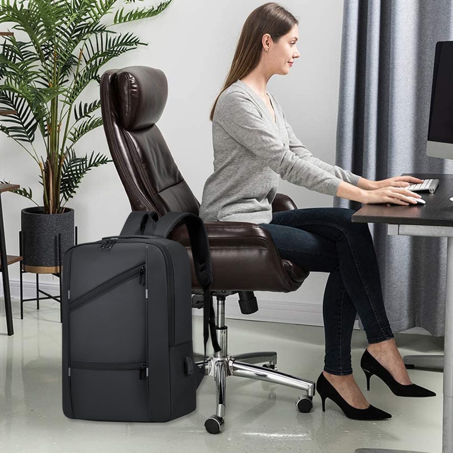 Rucsac laptop din Oxford, extensibil, aprobat pentru bagaj de mana, port USB pentru incarcare, rezistent la apa, compartiment laptop 16 inch, negru
