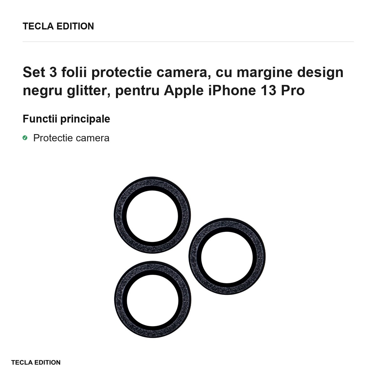 Set 3 folii protectie camera, cu margine design negru glitter, pentru Apple iPhone 13 Pro