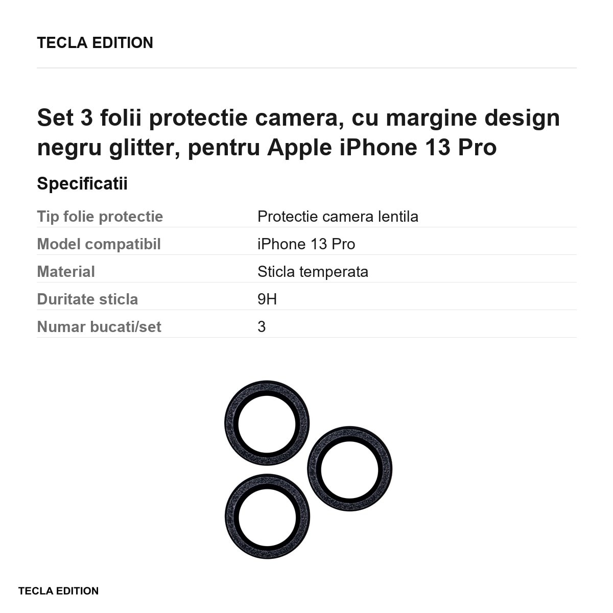 Set 3 folii protectie camera, cu margine design negru glitter, pentru Apple iPhone 13 Pro