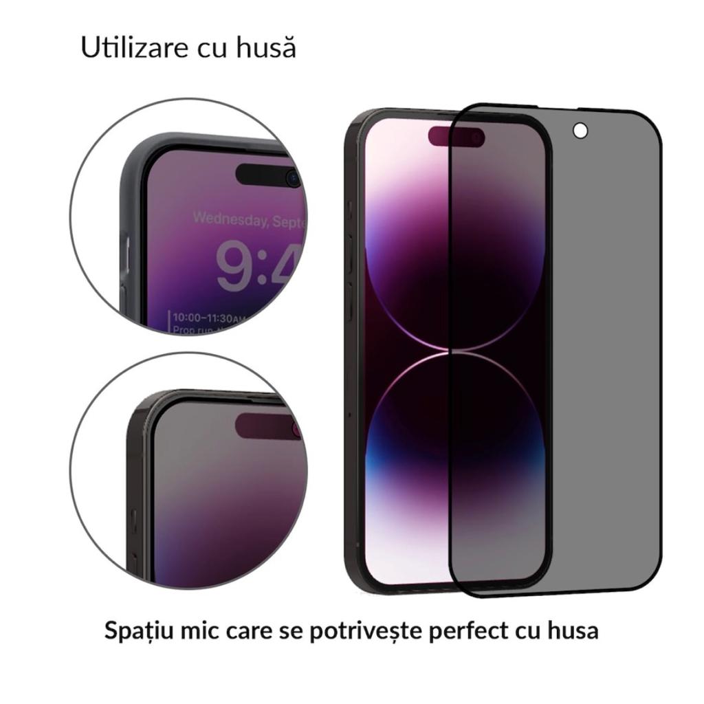 Folie Protectie Privacy Sticla securizata Mkpshield, compatibila iPhone 13/13 Pro/14, Full Glue, Ultra HD