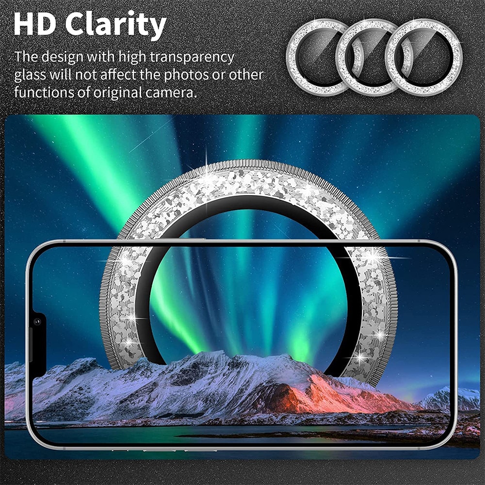 Folie Protectie Camera Foto, G-Tech Silver Diamond Lens, Compatibila cu Apple iPhone 15 Pro / iPhone 15 Pro Max, Sticla Securizata, detalii stralucitoare, Atasare Usoara, Transparenta