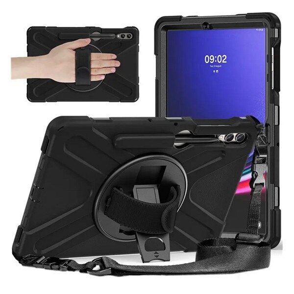Protectie tableta din plastic Gigapack Defender, rezistenta la impact, suport, 360° + curea de mana, neagra, compatibila cu: Samsung Galaxy Tab S9 Plus WIFI, SM-X810, / Galaxy Tab S9 Plus LTE, SM-X816, / Galaxy Tab S9 FE Plus LTE, SM-X616