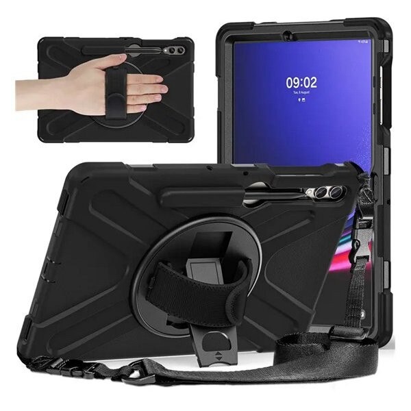 Protectie tableta din plastic Gigapack Defender, rezistenta la impact, suport, 360° + curea de mana, neagra, compatibila cu: Samsung Galaxy Tab S9 Plus WIFI, SM-X810, / Galaxy Tab S9 Plus LTE, SM-X816, / Galaxy Tab S9 FE Plus LTE, SM-X616
