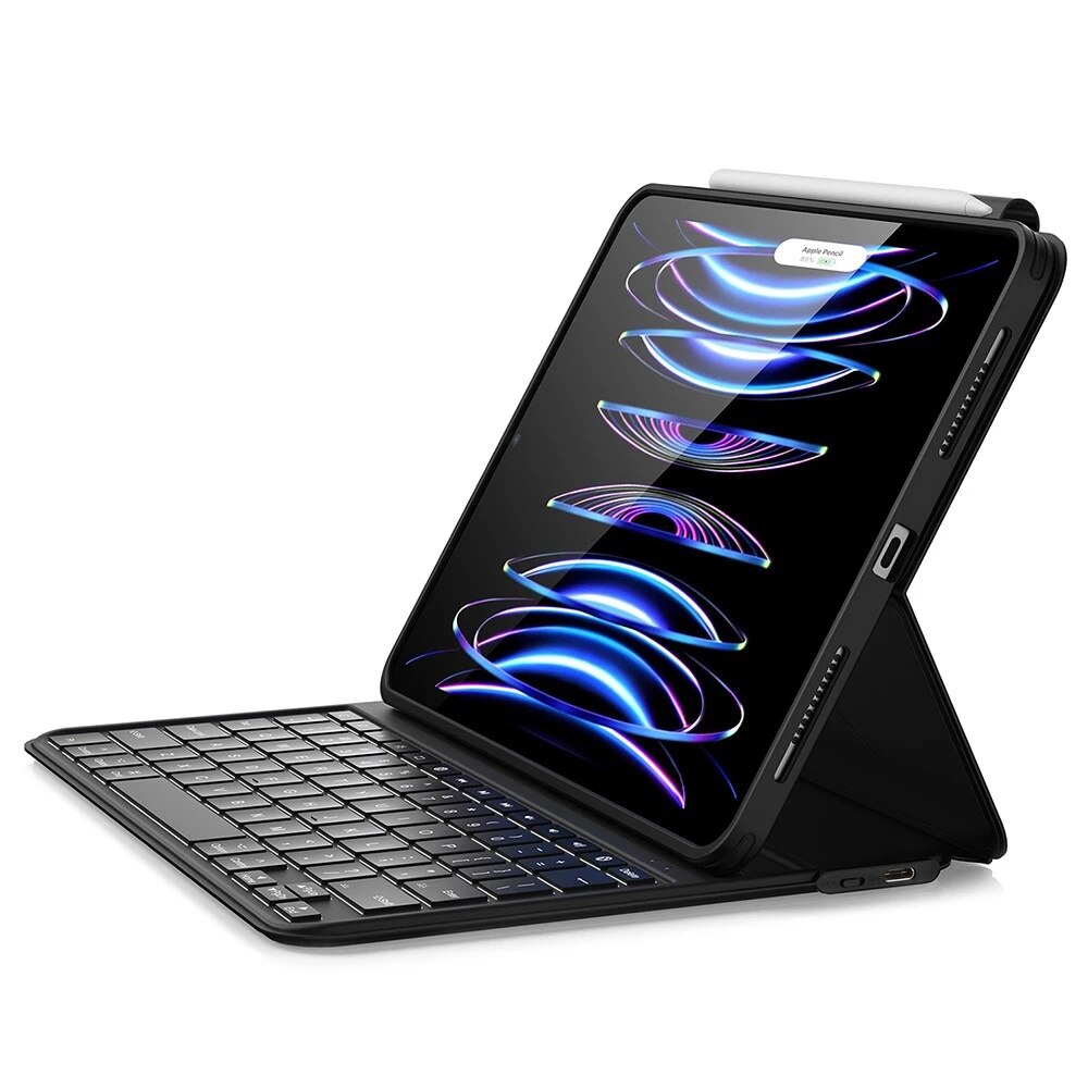 Husa cu tastatura si suport magnetic pen pentru iPad 10 2022, 10.9 inch, Protectie fata-spate, Magnetizata, Suprafata mata, Anti-amprenta, Tastatura RGB, Wireless, Detasabila, Functie Stand, Anti-soc, Piele Ecologica, Negru