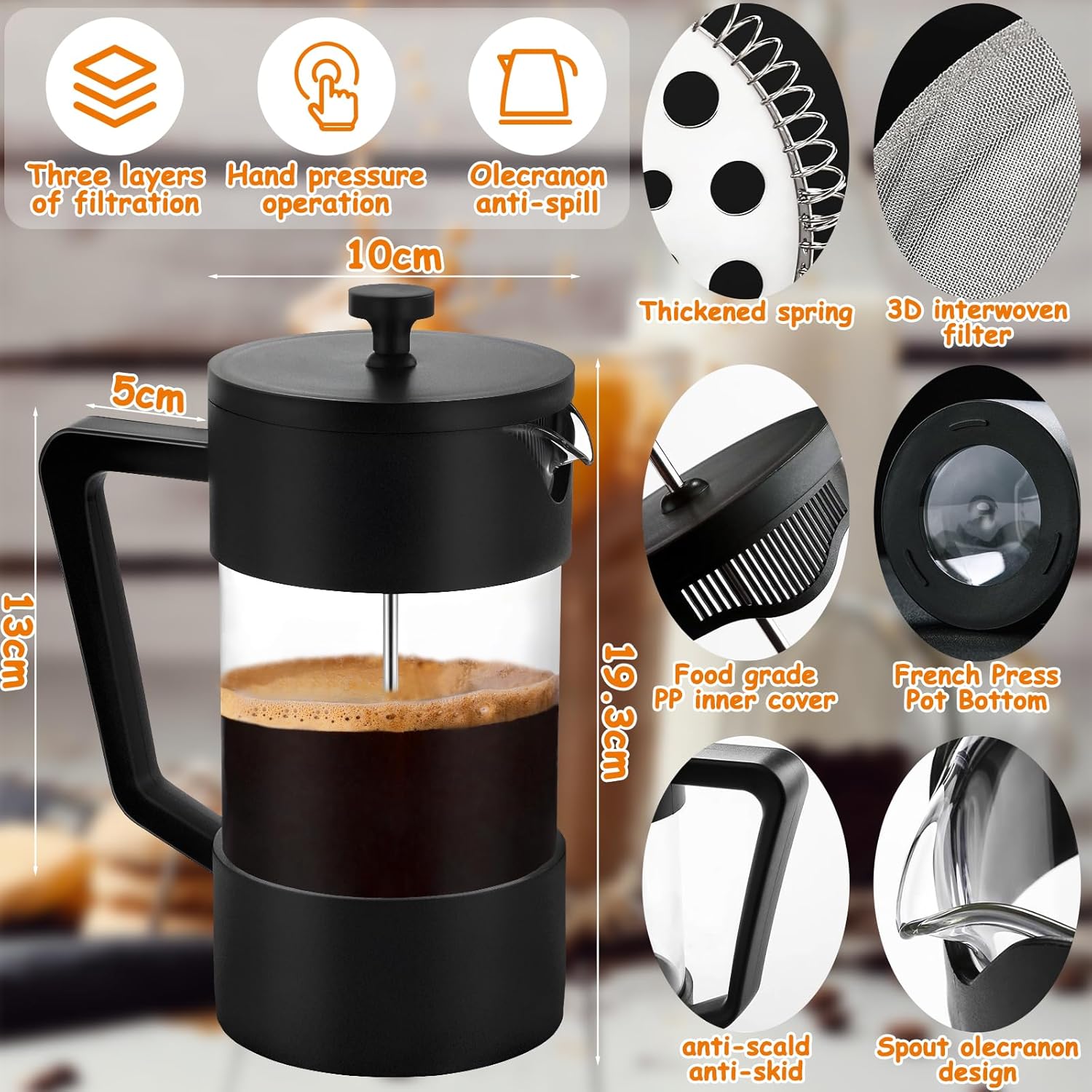 Cafetiera French press 0807BM-BST4037271, sticla borosilicata 1000 ml, filtru triplu din inox, maner din polipropilena, negru