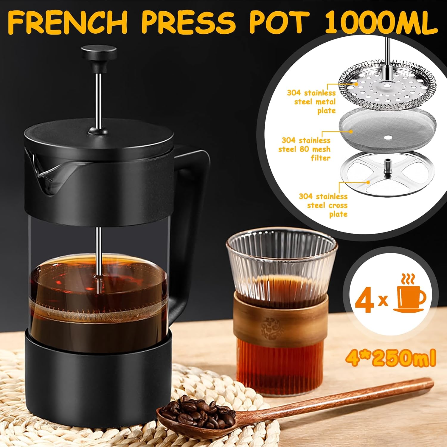 Cafetiera French press 0807BM-BST4037271, sticla borosilicata 1000 ml, filtru triplu din inox, maner din polipropilena, negru
