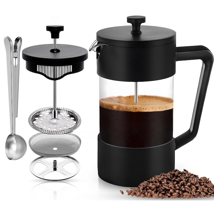 Cafetiera French press 0807BM-BST4037271, sticla borosilicata 1000 ml, filtru triplu din inox, maner din polipropilena, negru