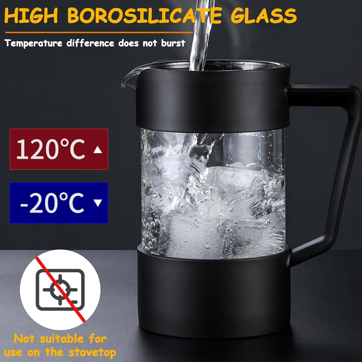 Cafetiera French press 0807BM-BST4037271, sticla borosilicata 1000 ml, filtru triplu din inox, maner din polipropilena, negru
